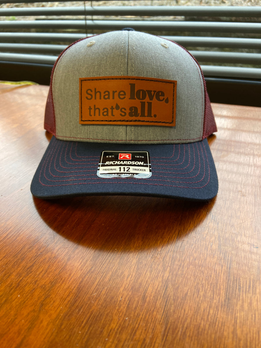 Navy, Gray and Red Trucker Hat with Share Love, That's All Leather Patch